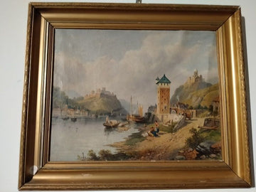 Antico quadro olio su cartone inglese raffigurante paesaggio italiano