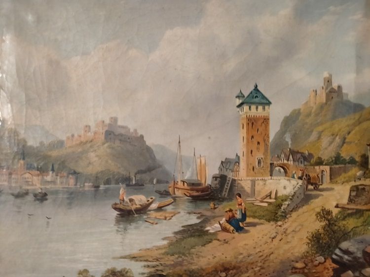 Antico quadro olio su cartone inglese raffigurante paesaggio italiano