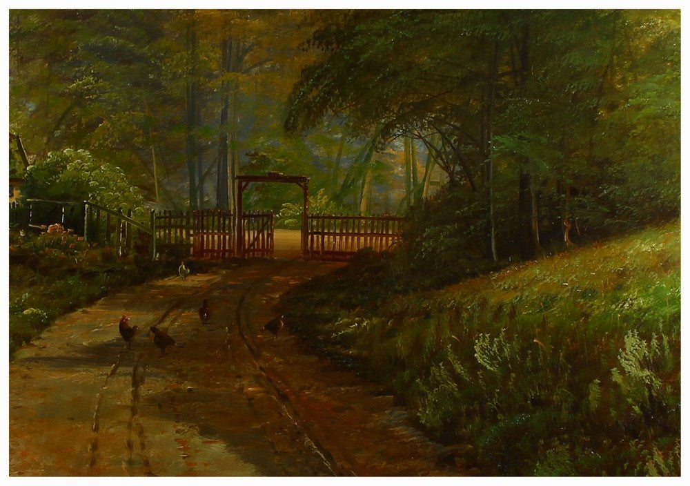 Grande e antico olio su tela raffigurante sentiero e casa nel bosco