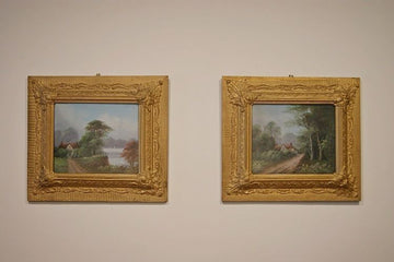 Antique English oils on panel from 1900, country landscape and lake