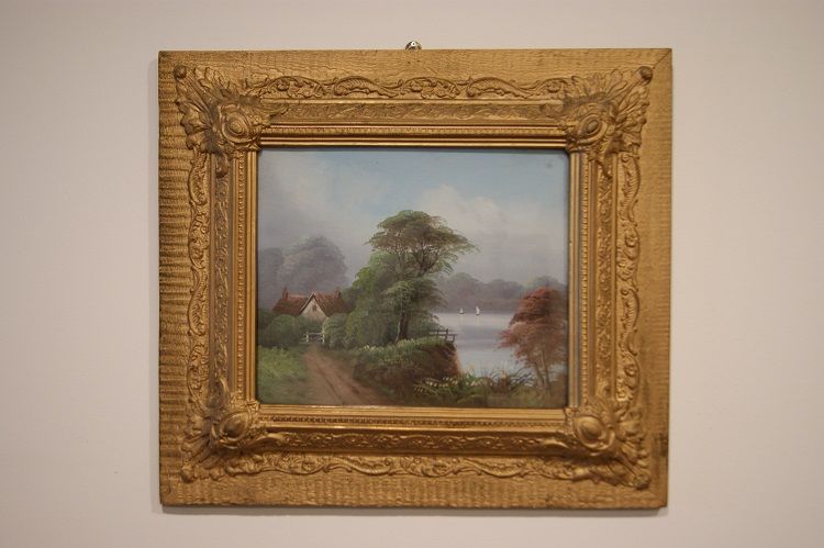 Antichi oli su cartoncino inglesi del 1900 paesaggio campestre e lago