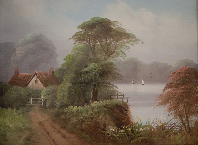 Antichi oli su cartoncino inglesi del 1900 paesaggio campestre e lago