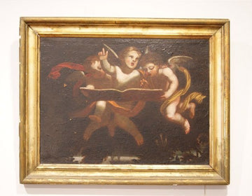 Antique Italian oil on canvas from 1600 cherubs with tables of the law