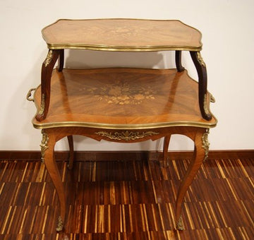 Antico tavolino francese stile Luigi XV 1800 a due piani con intarsi