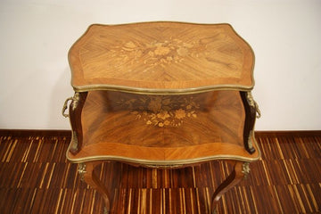 Antico tavolino francese stile Luigi XV 1800 a due piani con intarsi