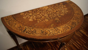 Ancient Dutch crescent console table from the 1800s, richly inlaid