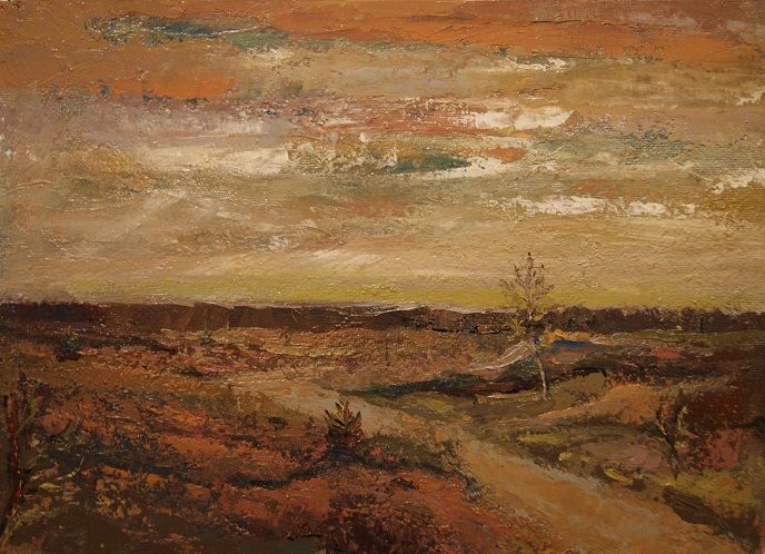 Antico olio su tela paesaggio campestre con sentiero al tramonto