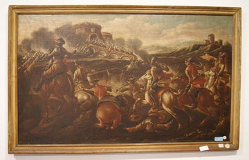 Pair of antique Italian oils on canvas from the 1600s depicting battle