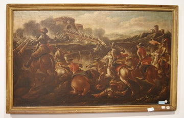 Coppia di antichi oli su tela italiani del 1600 raffigurante battaglia