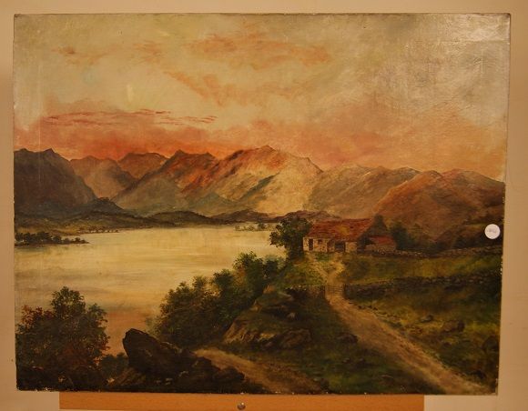 Olio su tela raffigurante paesaggio campestre con lago e montagne