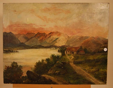 Olio su tela raffigurante paesaggio campestre con lago e montagne