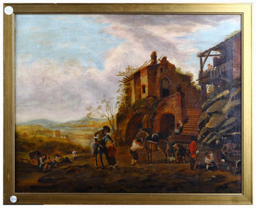 Antico olio su tela raffigurante paesaggio campestre e vita agricola 1800