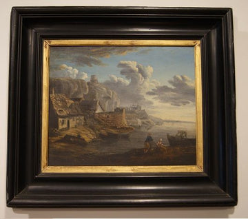 Antico quadro francese del 1800 olio su tavola paesaggio marino