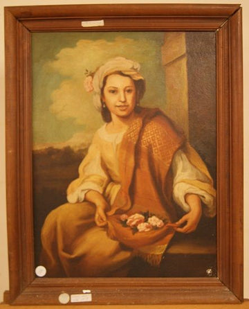 Antico quadro italiano del 1900 olio su tela Donna con fiori
