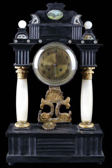 Orologio antico italiano del 1800 in legno laccato nero con alabastro