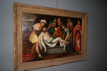Ancient painting oil on panel from 1500 Deposition of Jesus Descent from the cross