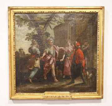 Antico quadro italiano del 1700 con personaggi all'aperto