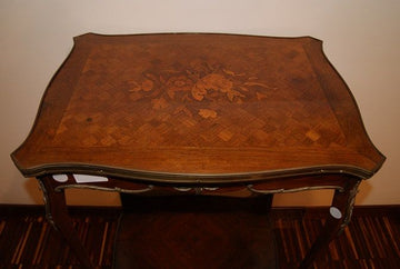 Antico tavolino francese del 1800 stile Luigi XV intarsiato con bronzi