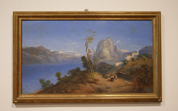 Antique English oil painting on canvas from the 1800s, mountain lake landscape
