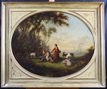 Antique French oil on panel painting from the 1800s, landscape and characters