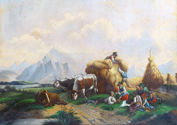 Antique oil painting on canvas from 1800. Country landscape with animals