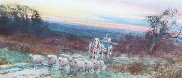 Antique English watercolor from 1800 flock of sheep and shepherd