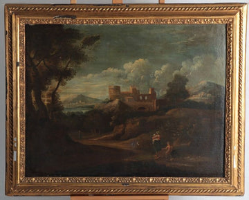 Antico quadro italiano del 1700 olio su tela paesaggio con castello