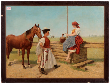 Antico quadro est europa del 1800 raffigurante un uomo cavallo e donna