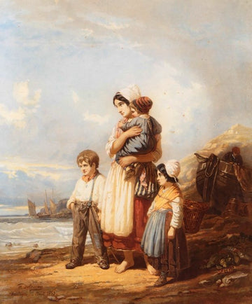 Antica stampa acquerellata francese del 1800 donna con bambini