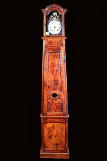 Antique French column clock in cherry wood and elm burl, 1700