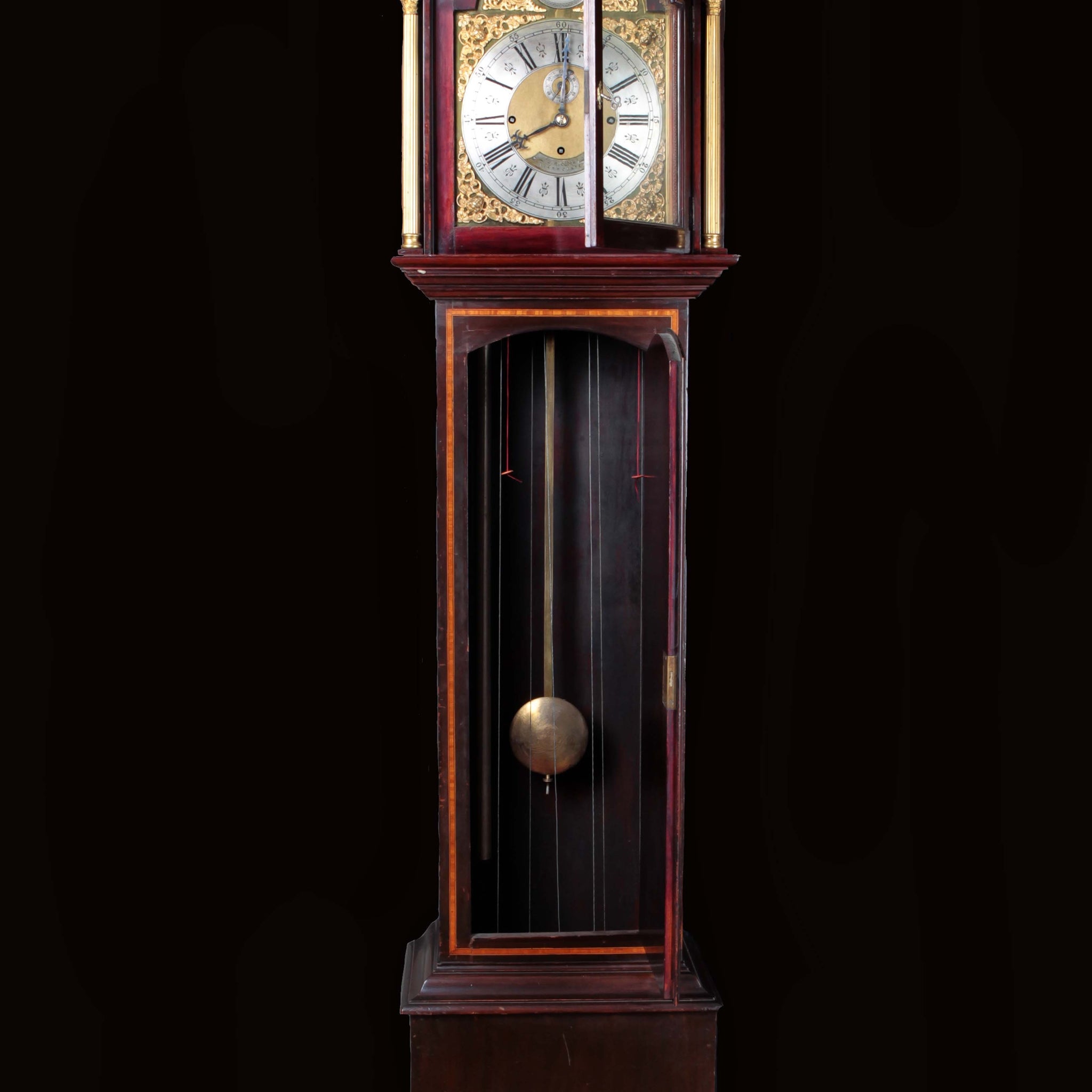 Orologio a colonna in mogano intarsiato quadrante TEMPUS FUGIT firmato J.R. OGDEN Harrogate.