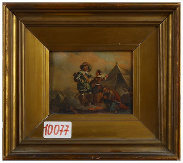 Antico quadro inglese del 1800 raffigurante accampamento e uomini