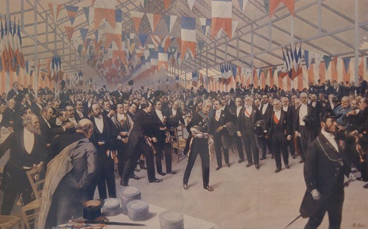 Antica stampa francese del 1800 "Grand banquet des Maires de France"