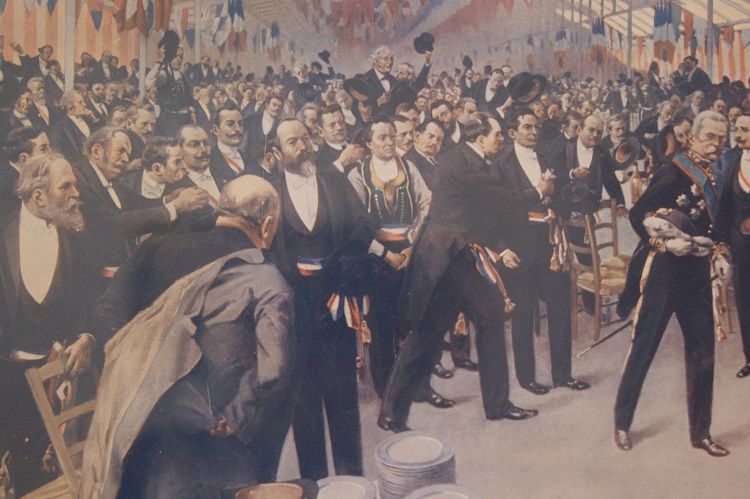 Antica stampa francese del 1800 "Grand banquet des Maires de France"