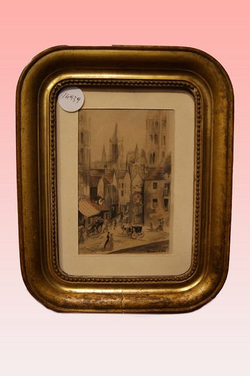 Antique French watercolors from the 1800s depicting a city view