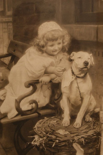 Antique English Engraving from 1800 depicting a little girl with a dog
