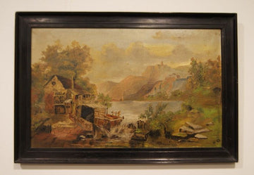 Ancient Oil on cardboard from the 19th century, country landscape with mill and waterfall