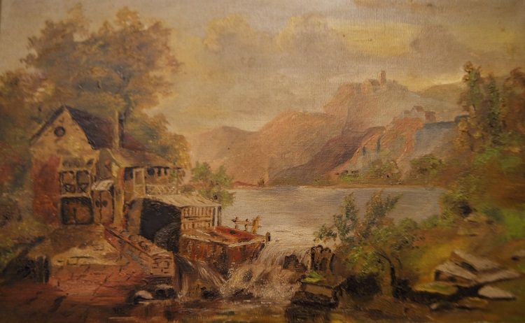 Antico quadro del 1800 paesaggio campestre con mulino e cascata