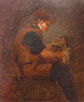 Antique French painting from 1800, oil on panel, man with newspaper
