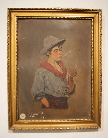 Antique oil on panel from the early 1900s depicting a boy with a cigarette