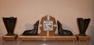 Antico tris orologio da tavolo stile Decò in marmo con vasi