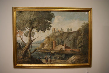 Antico dipinto a succo d'erba del 1800 paesaggio con personaggi