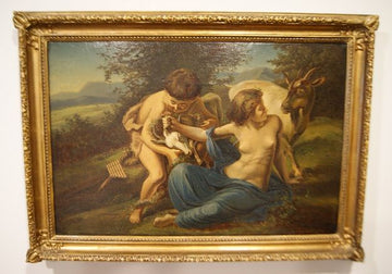 Ancient Oil painting from 1800 pastoral scene with golden frame
