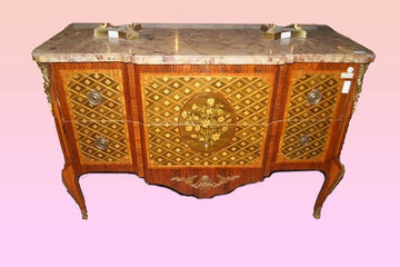 Antique Louis XV chest of drawers from 1800 inlaid with bronzes and marble