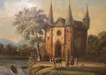 Ancient 19th century oil on panel of landscape with castle