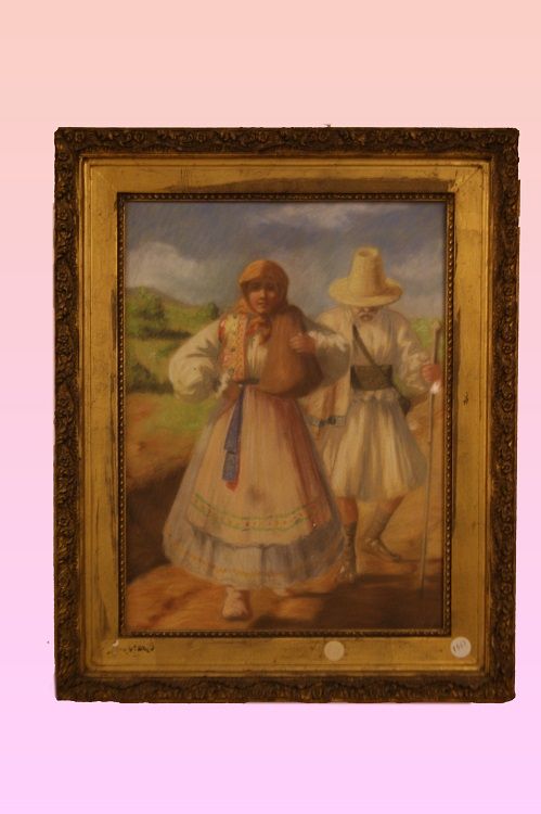 Ancient pastel painting from the 1800s. Peasants