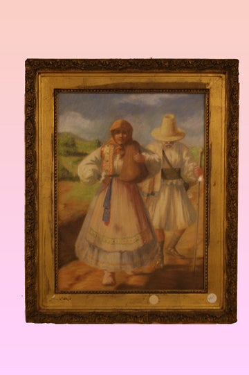 Ancient pastel painting from the 1800s. Peasants