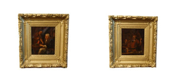 Pair of small antique oil paintings of interior scenes from the 19th century