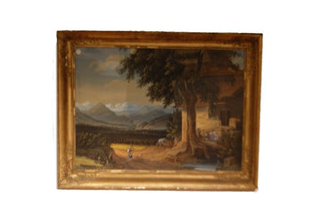 Antique French watercolor from 1800 Landscape with characters