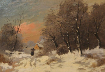 Ancient oil on panel depicting a landscape with a snowy forest
